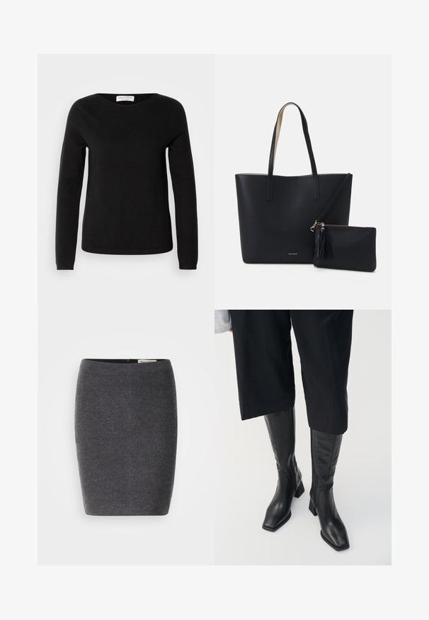 Marc O'Polo LONGSLEEVE ROUND NECK - Striktrøje - black; Grå uld blyantskirt med en glat tekstur og tætsiddende design, med en diskret talje og uden synlige udsmykninger.; Sorte læder støvler til knæene med firkantet tå og blokhælc. Har en sidezipper og glat tekstur.; Sort tote taske med struktureret materiale, to lange håndtag og en aftagelig lynlåspose med en frynse-detalje. Guld mærkelogo synligt.