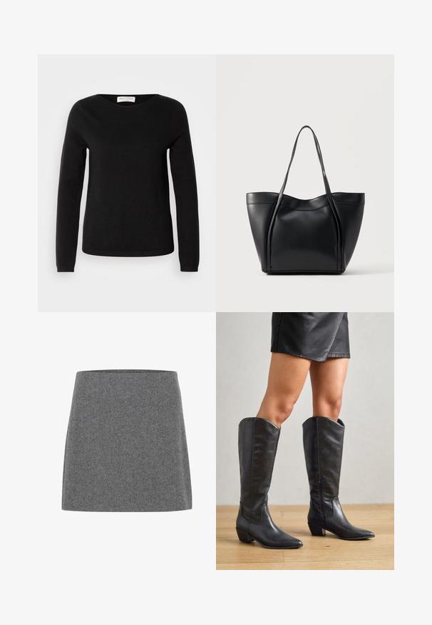 Marc O'Polo LONGSLEEVE ROUND NECK - Pullover - black; Une mini-jupe en feutre gris avec une coupe droite et une texture lisse, dotée d'une large ceinture et sans coutures ni embellissements visibles.; Bottes noires montantes en cuir lisse, avec un bout pointu, un petit talon carré et une fermeture éclair sur le côté pour un enfilage facile.; Sac cabas en cuir noir avec deux longues anses et un bord supérieur légèrement incurvé, présenté sur un fond clair uni.