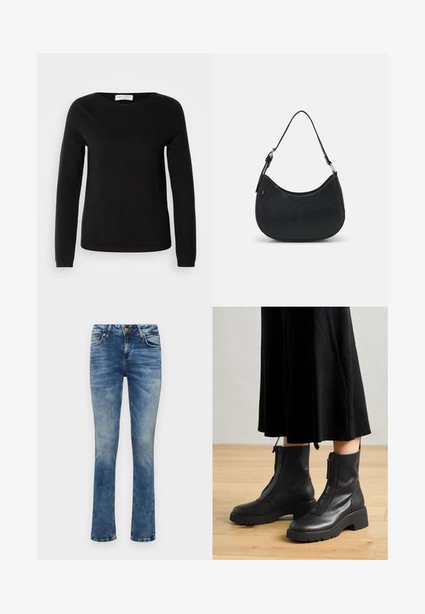 Marc O'Polo LONGSLEEVE ROUND NECK - Strickpullover - black; Helle blaue Denim-Jeans mit geradem Bein, ausgestattet mit einem Frontknopfverschluss, fünf Taschen und dezenten Ausbleichungen.; Schwarze Lederstiefeletten mit einer dicken Plattformsohle und einem Reißverschluss vorne. Glatte Textur mit einem minimalistischen Design.; Schwarze Hobo-Tasche aus glattem Leder mit einer geschwungenen Silhouette, ausgestattet mit einem einzelnen verstellbaren Trageriemen und minimalistischem Design.