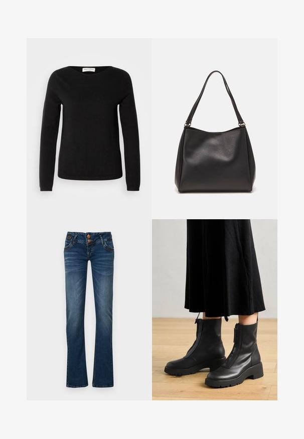 Marc O'Polo LONGSLEEVE ROUND NECK - Džemper - black; Tumedad sinise bootcut teksad, kus on kaks esist nuppu, viis taskut ning õrn fade-reklaam reitel ja põlvili.; Mustad nahast pahkluu saapad paksu platvormitaldadega ja esise closinguga. Sile tekstuur ja minimalistlik disain.; Mustmust mustrahnaga, millel on pehme tekstuur, hobo kuju ja kaks õlavarre rihma; sisaldab läikivat viimistlust ja minimalistikku disaini.