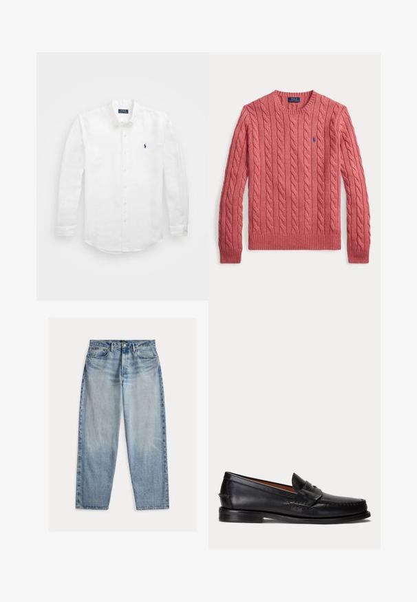 Roze kabelgebreide crewneck sweater met lange mouwen en klein blauw geborduurd Polo Ralph Lauren logo op de borst.; Witte lange mouwen shirt van katoen met een button-down kraag, voorzien van een klein marineblauw logo op de linkerborst en klassieke knoopsluiting.; Lichtblauwe spijkerbroek met een ontspannen pasvorm. Voorzien van een hoge taille, vijf zakken en zichtbare stiksels. Het oppervlak is lichtjes getextureerd.; Zwarte leren loafer met lage hak en penny-strap detail, van opzij getoond op een lichtgrijze achtergrond.