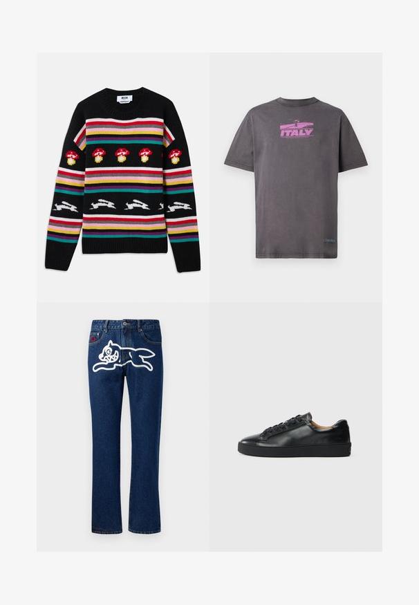 Sort striktrøje med farverige horisontale striber, røde svampe og hvide løbende kaniner mønster hen over brystet og ærmerne.; Iceberg T-shirts print - grigio scuro; Blå denim jeans med lige ben, der har et stort hvidt grafisk motiv af et springende væsen på den bageste lomme. Standard femlomme-design.; Sorte lædersneakers med en glat overflade, rund tå og snørebåndslukning. Har en tyk gummisål og minimal branddetalje.