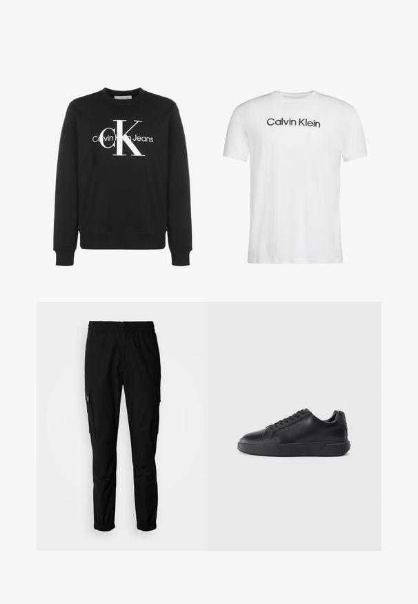 Sort langærmet crewneck-sweatshirt med hvid Calvin Klein Jeans-logo og store stiliserede "cK" bogstaver på forsiden.; Hvid T-shirt med korte ærmer og rund halsudskæring med sort "Calvin Klein" tekst centreret på brystet.; Sorte cargo bukser lavet af stof, med elastisk talje, knaplukning og flere sidelommer med klapper.; Sorte sneakers med en glat læderoverdel, rund tå, snørelukning, struktureret hældetalje og en tyk gummisål.
