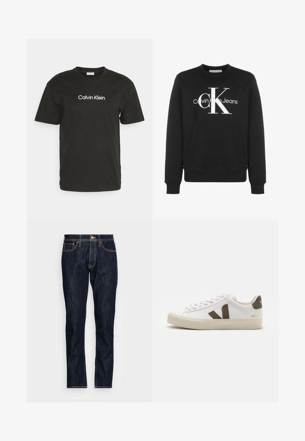 Schwarzes Sweatshirt mit Rundhalsausschnitt und langen Ärmeln, weißem Calvin Klein Jeans-Logo und großen stilisierten "cK" Buchstaben auf der Vorderseite.; Schwarzes Baumwoll-T-Shirt mit Rundhalsausschnitt und kurzen Ärmeln, auf der Vorderseite mit dem weißen "Calvin Klein"-Logo bedruckt.; Dunkelblaue Jeans aus Denim mit geradem Schnitt. Zu den Merkmalen gehören zwei vordere Taschen, ein Knopfverschluss und kontrastierende orangefarbene Nähte.; Weiße Leder-Sneaker mit einer hellbeigen Gummisohle. Mit braunem Wildleder-V-Logo und Fersenlasche. Schnürverschluss mit texturierter Oberfläche.