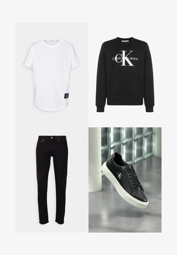 Schwarzes Sweatshirt mit Rundhalsausschnitt und langen Ärmeln, weißem Calvin Klein Jeans-Logo und großen stilisierten "cK" Buchstaben auf der Vorderseite.; Weißes Baumwoll-T-Shirt mit umgeschlagenen Kurzärmeln, abgerundetem Saum und einem schwarzen Logotag mit "CK" auf der unteren linken Seite.; Schwarze Slim-Fit-Jeans mit Knopf- und Reißverschluss, Vorder- und Gesäßtaschen, auf weißem Hintergrund gezeigt.; Schwarzer Ledersneaker mit weißer Gummisohle und "CK Calvin Klein"-Logo an der Seite, vor einem Hintergrund aus glasierten Fliesen präsentiert.