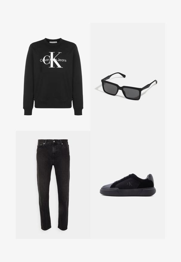 Schwarzes Sweatshirt mit Rundhalsausschnitt und langen Ärmeln, weißem Calvin Klein Jeans-Logo und großen stilisierten "cK" Buchstaben auf der Vorderseite.; Schwarze Denim-Jeans mit geradem Bein, mittlerer Bundhöhe, Gürtelschlaufen und Fünf-Taschen-Stil. Weicher Stoff mit minimalem Ausbleichen.; Schwarzer Sneaker in Low-Top-Design mit dicker Sohle, Schnürverschluss vorne und dezente "cK"-Logo auf der Seitenpaneele.; Schwarze Sonnenbrille mit rechteckigen Gläsern, mattem Finish, dickem Rahmen und schlanken Bügeln mit dezentem Branding-Detail.