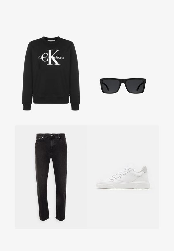 Zwarte lange mouwen crewneck trui met wit Calvin Klein Jeans-logo en grote gestileerde "cK" letters op de voorkant.; Zwarte spijkerbroeken van denim met een rechte pijpdesign, voorzien van een middelhoge taille, riemlussen en vijf-pocketstijl. Zachte textuur met minimale vervaging.; Witte leren sneakers met een gladde afwerking, ronde neus, platte veters en een gestructureerde zool. Grijze suède accent bij de hiel.; Zwarte rechthoekige zonnebril met dikke monturen en donker getinte glazen op een witte achtergrond.