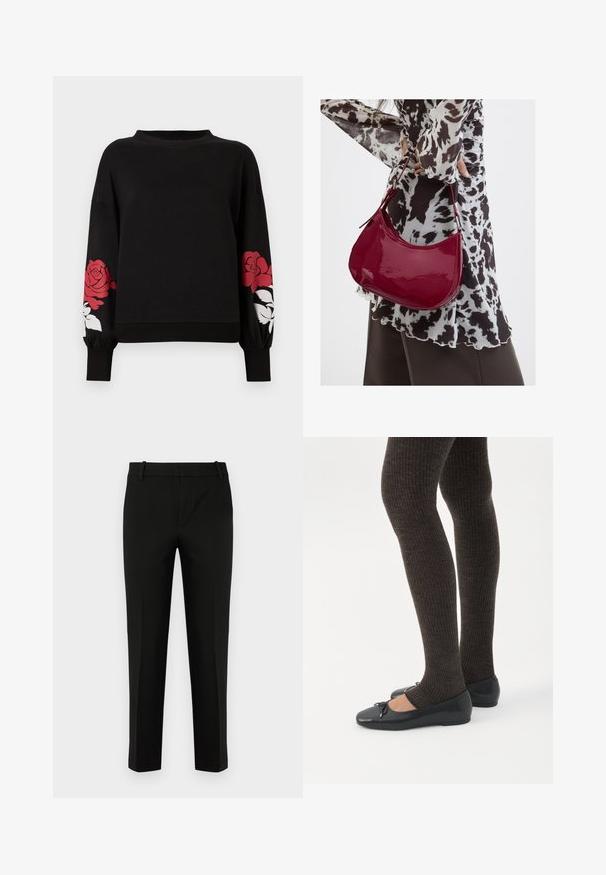 Zwarte sweatshirt met lange mouwen, voorzien van grote rode rozenprints en witte bloemaccenten op de mouwen. Zacht katoenen materiaal, relaxte pasvorm.; Zwarte slim-fit broek, met een vlakke voorkant, zijzakken en een soepele textuur. Ontworpen met een gemiddelde taillehoogte en taps toelopende pijpen.; Benen met donkere geribbelde leggings gecombineerd met zwarte ballerina's met kleine strikdetails op een witte achtergrond.; Vrouw met een zwart-wit gebloemde blouse houdt een glanzende rode schoudertas vast tegen een effen achtergrond.
