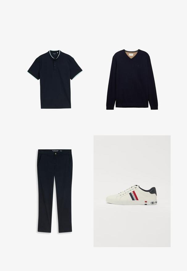 Suéter azul marino de cuello en V hecho de tejido suave, con mangas largas, puños acanalados y un logo sutil en el pecho.; Polo de color navy con un tejido texturizado, que presenta un cuello alto, tres botones y acentos en azul claro en el cuello y las mangas.; Pantalones casual negros para hombre con bolsillos delanteros, cierre con botón y presillas para cinturón, talla 32 por 32, etiquetados como Tom Tailor Tt.Josh Regular.; Zapatilla de lona blanca con acentos en azul marino y rayas verticales rojas. Presenta una suela de goma y un logo en el lateral, un empeine texturizado y cordones redondos.