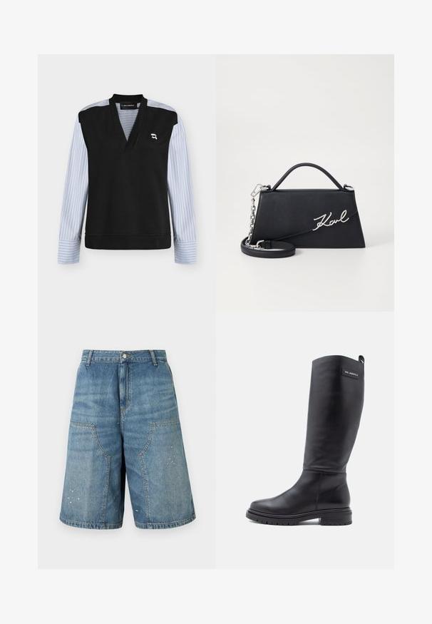 Top negro sin mangas con cuello en V, superpuesto sobre una camiseta de manga larga a rayas azules y blancas con un pequeño logo blanco en el pecho izquierdo.; Pantalones cortos de mezclilla azul hasta la rodilla con grandes bolsillos delanteros y pequeñas salpicaduras blancas de pintura, cierre con botón y cremallera en la cintura.; Bota negra alta de cuero con tacón bajo cuadrado, suela de gran relieve y una pequeña etiqueta rectangular cerca de la parte superior que muestra el nombre de la marca.; Bolso de mano de cuero negro con forma triangular, detalle del logo "Karl" en plata y cadena desmontable. Textura suave y diseño estructurado.