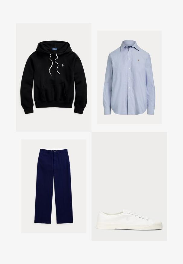 Zwarte capuchontrui met witte trekkoorden, voorzak in kangaroostijl en een klein wit Polo Ralph Lauren-logo op de borst.; Lichtblauw overhemd met lange mouwen en knopen, met puntige kraag en klein geborduurd logo op de linkerborst.; Marineblauwe rechte broek met riemlussen, knoopsluiting aan de voorkant en zijzakken op een witte achtergrond.; Witte canvas sneaker met een ronde neus, vetersluiting en subtiele logo-detail. Voorzien van een gemêleerde stof en rubberen zool.