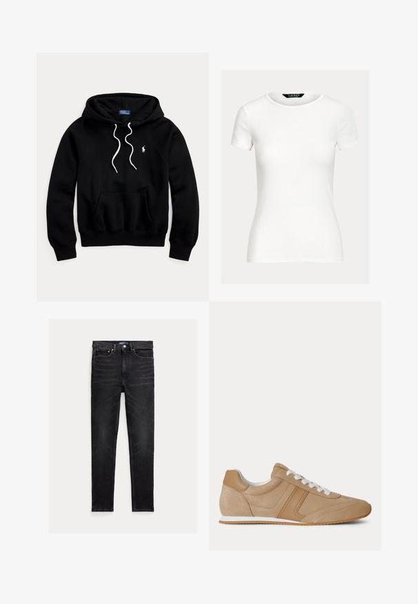 Čierna mikina s kapucňou s bielymi sťahovacími šnúrkami, predným klokankovým vreckom a malým bielym logom Polo Ralph Lauren na hrudi.; Jednoduché biele priliehavé tričko s krátkym rukávom a okrúhlym výstrihom, s nálepkou Lauren Ralph Lauren vo vnútri goliera.; Čierne slim-fit džínsy s piatimi vreckami, zapínanie na gombík a štítok značky Polo na páse, položené na bielom pozadí.; Svetlohnedý nízky teniska zo semišu a kože s bielymi šnúrkami a bielou gumovou podrážkou zobrazený z boku na bielom pozadí.