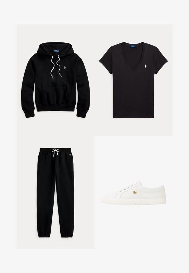 Zwarte capuchontrui met witte trekkoorden, voorzak in kangaroostijl en een klein wit Polo Ralph Lauren-logo op de borst.; Zwarte T-shirt met korte mouwen en V-hals, met klein wit Polo Ralph Lauren-logo op de linkerborst en een blauwe label binnenin de kraag.; Zwarte joggerbroek met elastische tailleband en witte trekkoorden, elastische boorden en klein wit paardenlogo op linkerheup.; Lauren Ralph Lauren JANSON II CANVAS SNEAKER - Sneakers laag - optic white