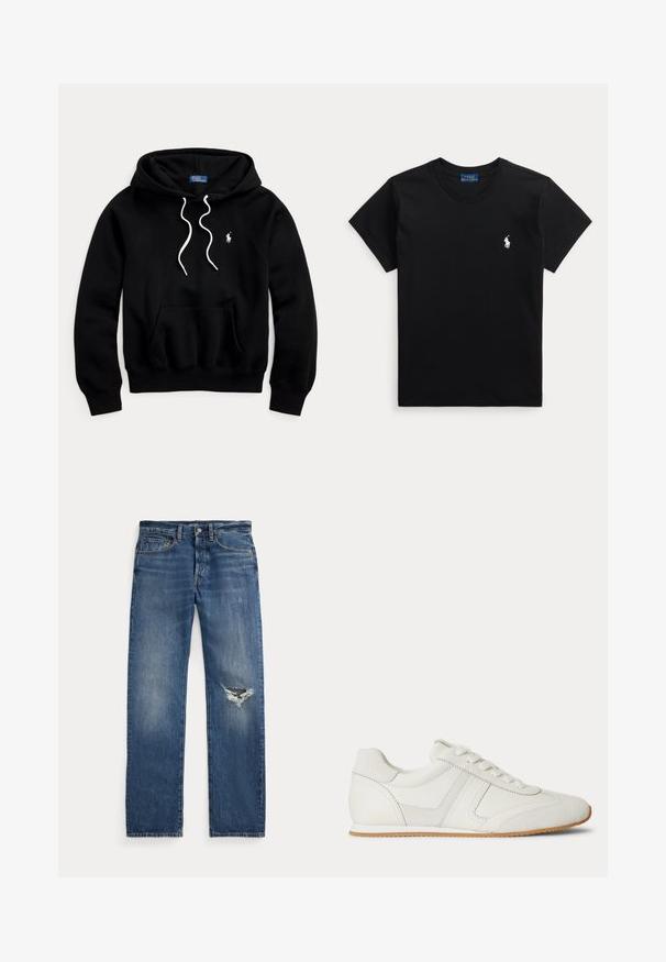 Sweat à capuche noir avec cordons blancs, poche kangourou à l'avant et petit logo blanc Polo Ralph Lauren sur la poitrine.; T-shirt noir manches courtes col rond avec petit logo blanc joueur de polo sur la poitrine gauche et étiquette bleue à l’intérieur du col.; Jean en denim bleu avec une taille mi-haute, cinq poches et une déchirure effilochée au genou droit.; Baskets basses blanches avec laçage à l'avant, panneaux en daim et cuir, et une semelle en caoutchouc marron clair sur fond blanc.