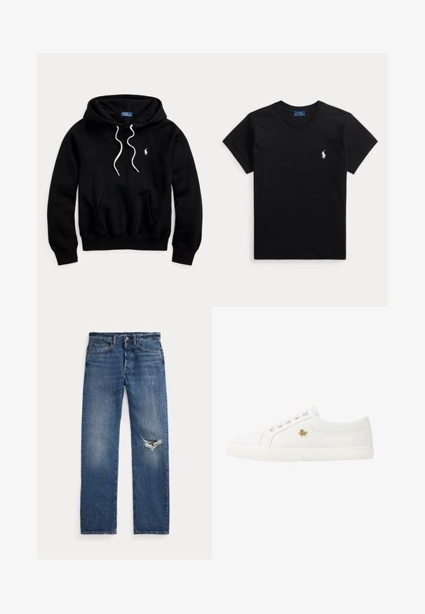Schwarzer Kapuzenpullover mit weißen Kordeln, Kängurutasche vorne und kleinem weißen Polo Ralph Lauren Logo auf der Brust.; Schwarzes Kurzarm-T-Shirt mit Rundhalsausschnitt und kleinem weißen Polo-Spieler-Logo auf der linken Brust sowie blauem Etikett innen im Kragen.; Blaue Jeans aus Denim mit mittelhohem Bund, fünf Taschen und einem fransigen Riss am rechten Knie.; Lauren Ralph Lauren JANSON II CANVAS SNEAKER - Sneaker low - optic white