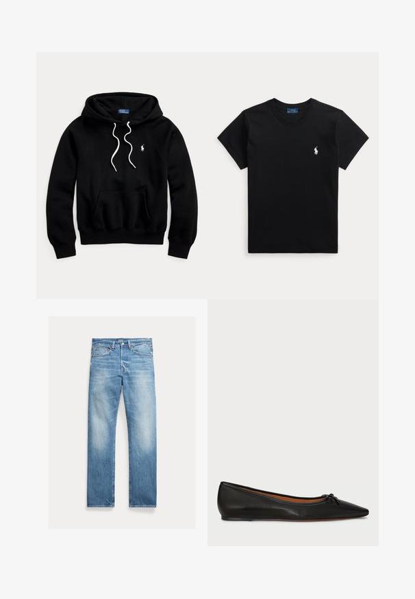 Čierna mikina s kapucňou s bielymi sťahovacími šnúrkami, predným klokankovým vreckom a malým bielym logom Polo Ralph Lauren na hrudi.; Čierne tričko s krátkym rukávom a okrúhlym výstrihom s malým bielym logom hráča póla na ľavej strane hrude a modrou štítkou vo vnútri goliera.; Svetlomodré rovné rifle s miernym vyblednutím, dizajn s piatimi vreckami a viditeľnou značkou Polo na páse.; Čierne kožené balerínky s špicatou špičkou, štíhlym strihom a malou mašľou na prednej strane. Hladká textura a minimalistický dizajn.