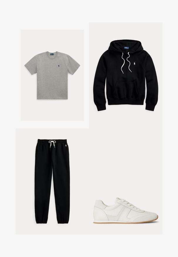 Schwarzer Kapuzenpullover mit weißen Kordeln, Kängurutasche vorne und kleinem weißen Polo Ralph Lauren Logo auf der Brust.; Hellgraues T-Shirt mit kurzen Ärmeln und Rundhalsausschnitt mit kleinem dunkelblau besticktem Polospieler-Logo auf der linken Brust.; Schwarze Jogginghose mit elastischem Bund und weißem Kordelzug, elastischen Bündchen und kleinem weißem Pferdelogo an der linken Hüfte.; Weißer Sneaker mit niedrigem Schaft, Schnürung vorne, Velours- und Lederpaneelen sowie einer hellbraunen Gummisohle auf weißem Hintergrund.