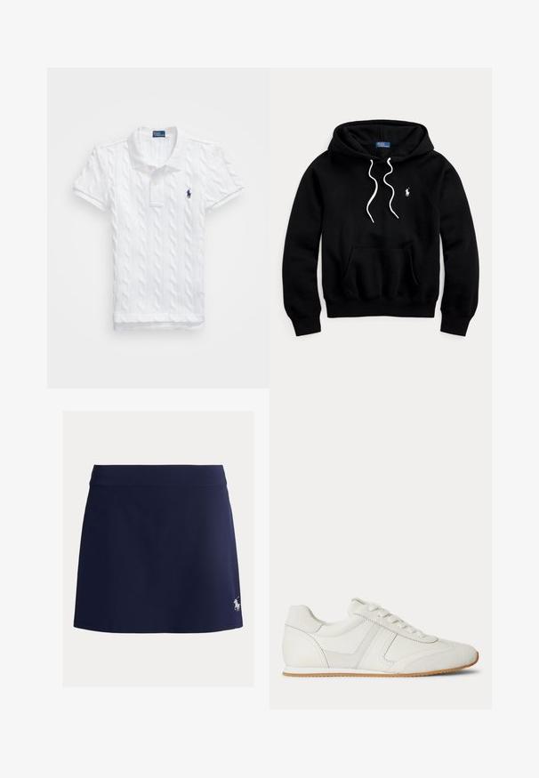 Must kapuutsiga dressipluus valgete paeltega, ees kaamera-tasku ja väike valge Polo Ralph Laureni logo rinnal.; Valge polo särk, millel on tekstiilse toru kudumise disain, volditud kaelus ja lühikesed varrukad. Omab kahte nuppu ja väikest tumesinist logo vasakul rinna piirkonnas.; Tumesinist värvi skort, valmistatud venivast kangast, lai vööäär ja vasakpoolses alumises nurgas väike valge hobuse logo.; Valge madala säärega toss esikäepäradega, seemisnahast ja nahast paneelidega ning helepruuni kummipõhjaga, valgel taustal.