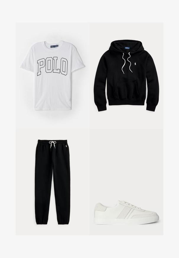 Schwarzer Kapuzenpullover mit weißen Kordeln, Kängurutasche vorne und kleinem weißen Polo Ralph Lauren Logo auf der Brust.; Weißes Baumwoll-T-Shirt mit einem schwarzen Umrissdruck des Wortes "POLO" auf der Vorderseite, kurzen Ärmeln und einem Rundhalsausschnitt.; Schwarze Jogginghose mit elastischem Bund und weißem Kordelzug, elastischen Bündchen und kleinem weißem Pferdelogo an der linken Hüfte.; Weiße Sneaker mit einem Obermaterial aus glattem Leder, Wildlederakzenten und flachen Schnürsenkeln. Verfügt über eine strukturierte Gummisohle und ein minimalistisches Design.