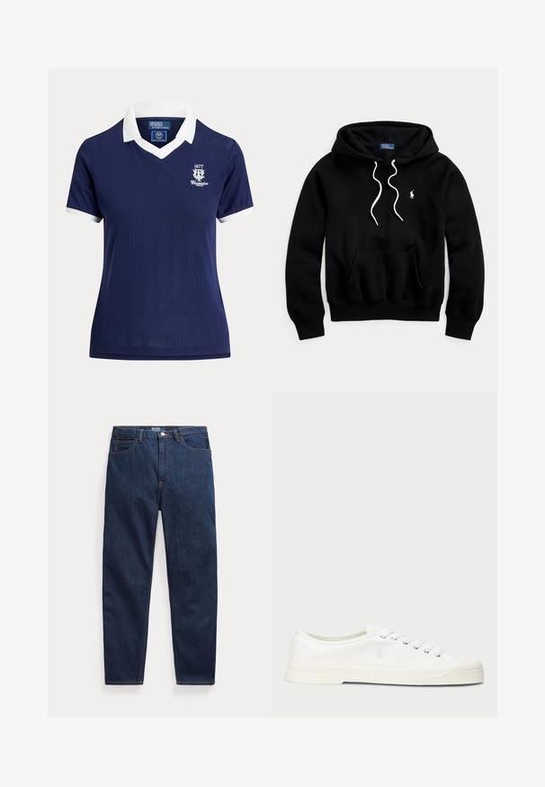 Sweat à capuche noir avec cordons blancs, poche kangourou à l'avant et petit logo blanc Polo Ralph Lauren sur la poitrine.; Polo bleu marine à manches courtes avec col et poignets blancs, logo Wimbledon 1877 sur la poitrine gauche, par Polo Ralph Lauren.; Jean en denim bleu foncé avec cinq poches, fermeture par bouton et coupe droite, posé à plat sur un fond blanc.; Sneaker en toile blanche avec un bout rond, fermeture lacée et un détail de logo discret. Caractéristiques d'un tissu texturé et d'une semelle en caoutchouc.