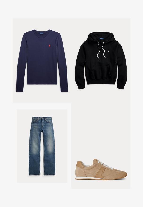 Black hooded sweatshirt with white drawstrings, front kangaroo pocket, and a small white Polo Ralph Lauren logo on the chest.; Navy blue long-sleeve shirt with round neckline and small red Polo Ralph Lauren logo on the left chest.; Blue straight-leg jeans with faded areas on thighs, five-pocket design, and button fly closure, laid flat on a white background.; Light brown suede and leather low-top sneaker with white laces and a white rubber sole shown from the side on a white background.