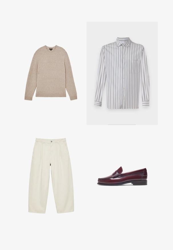 Pull en tricot beige avec une texture côtelée, encolure ronde et manches longues. Présente des détails de couture subtils le long des épaules.; Chemise à boutons en gris clair avec des rayures verticales blanches, manches longues, col, poche poitrine unique et texture subtile.; Pantalon beige taille haute à coupe ample, avec passants de ceinture, bouton à l'avant, fermeture éclair et poches latérales, présenté à plat sur fond blanc.; Mocassin en cuir bordeaux avec un bout arrondi, des détails cousus et un petit accent décoratif sur le devant. Semelle plate contrastante.