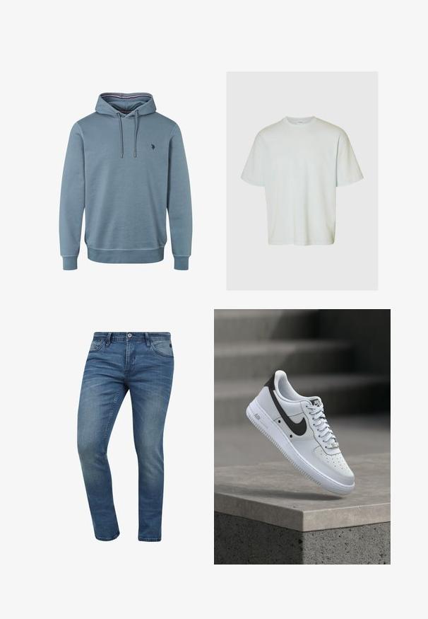 Vaaleansininen huppari, jossa on nyörillinen huppu, resorit hihansuissa ja helmassa, sekä pieni tumma logo rinnassa. Sileä ja pehmeä kangaspinta.; Selected SLMLOOSEOSCAR - T-paita - ice melt; Slim-fit farkkutrikoot, joissa on haalistunut pesu, viisi taskua ja metallinen napitus. Kangas on kevyesti teksturoitu ja siinä on ompeluyksityiskohtia.; Valkoinen Nike Air Force 1 -tennari mustalla Swoosh-logolla, leijuu betonikynnyksen yläpuolella, taustalla sumeat portaat.
