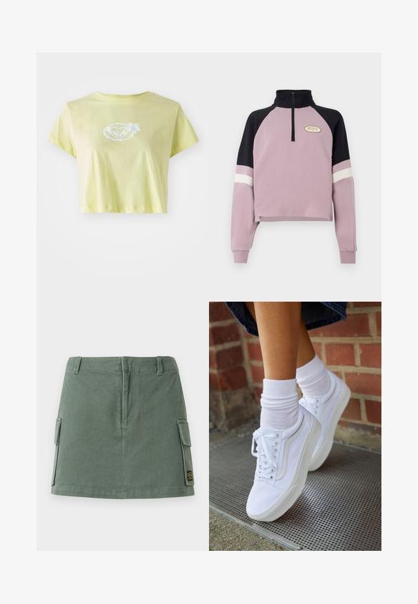 Paarse cropped pullover met een zwarte kraag en accenten op de mouwen. Voorzien van een halve rits en het Roxy-logo in goud op de borst. Zachte textuur.; lichtgele cropped T-shirt van katoen. Beschikt over een witte bloemenafbeelding in het midden van een hartvorm aan de voorkant.; Groene denim rok met een aansluitende tailleband, twee zijzakken en een patch aan de onderzijde rechts. Soepele textuur met een subtiele glans.; Witte canvas sneakers met rubberen zolen, voorzien van zes vetertjes, een ronde neus en lichte stikdetails, gecombineerd met witte enkelsokken.