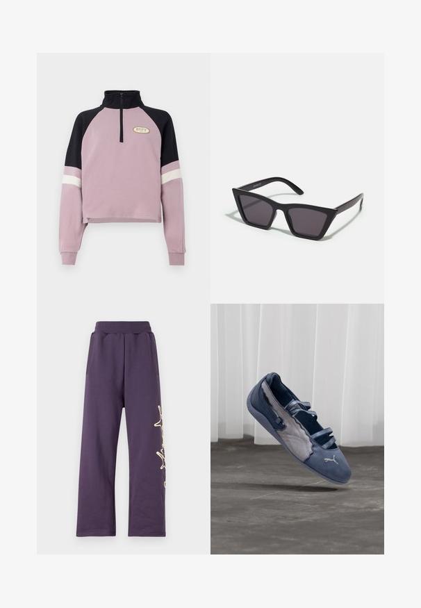 Lilla cropped pullover med sort krave og ærmeaccentuer. Har en halv lynlås og Roxy-logo i guld på brystet. Blød tekstur.; Lilla sweatpants med elastisk talje, sidelommer og et guld grafisk design på venstre ben. Blødt materiale med en løs pasform.; Blå og grå Puma flad sko med tre elastiske stropper, tekstureret sidepanel og hvidt Puma-logo, svævende over en betongulv.; Sorte, kantede solbriller med grå linser; lavet af plast, med tykke stænger med en glat overflade og ingen synlig hardware.