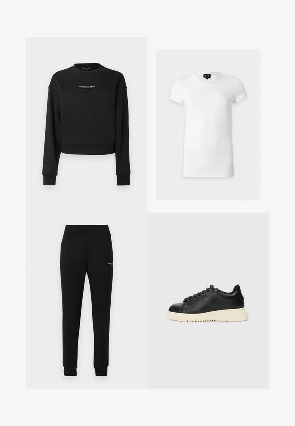 Čierna orezaná mikina vyrobená z mäkkej látky, s dlhými rukávmi a okrúhlym výstrihom. Na prednej strane zlaté logo "Armani Exchange".; Jednoduché biele tričko s krátkym rukávom a okrúhlym výstrihom s malou čiernou etiketu Armani Exchange na krku.; Čierne zužujúce sa tepláky s elastickým pásom a manžetami, s malým zlatým logom „Armani Exchange“ na pravom stehne.; Čierne kožené tenisky s textúrovaným povrchom, okrúhlou špicou, šiestimi čiernymi očkami a bielou gumovou podrážkou s drážkami.
