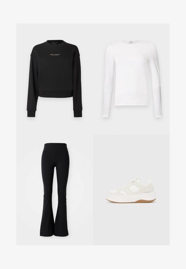 Čierna orezaná mikina vyrobená z mäkkej látky, s dlhými rukávmi a okrúhlym výstrihom. Na prednej strane zlaté logo "Armani Exchange".; Biela dlhá tričko s dlhým rukávom vyrobené z mäkkej bavlny, s okrúhlym výstrihom a úzkym strihom, s čistými švami a bez viditeľných vzorov.; Čierne legíny so širokým strihom vyrobené z elastického materiálu, s vysokým pásom a hladkou textúrou. Žiadne vzory ani hardvér nie sú viditeľné.; Biela a béžová platformová teniska so šnurovaním vpredu, gumovou podrážkou, bočným logom a detailmi zošitých panelov.