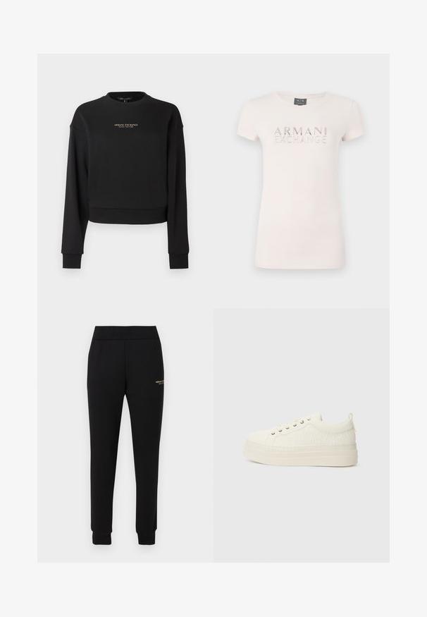 Sort cropped sweatshirt lavet af blødt stof med lange ærmer og rund halsudskæring. Gyldent "Armani Exchange"-logo foran.; Lyserød kortærmet T-shirt med et præget logo "ARMANI EXCHANGE" i metallisk finish. Blødt stof, klassisk rund halsudskæring, tætsiddende pasform.; Sorte, tilspidsede sweatpants med elastisk talje og manchetter, med lille gyldent "Armani Exchange"-logo på højre lår.; Hvide sneakers med en tekstureret overdel, flad sål, afrundet tå og en lille løkke ved hælen. Har metaløjer til snører.