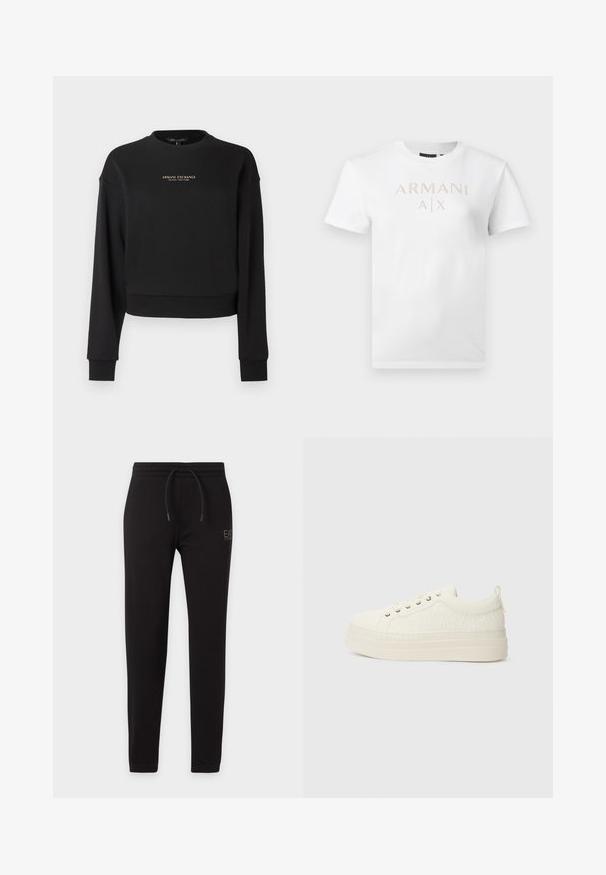 Zwarte cropped trui gemaakt van zachte stof, met lange mouwen en een ronde halslijn. Gouden "Armani Exchange" logo op de voorkant.; Witte unisex T-shirt met korte mouwen en ronde hals, met het "ARMANI A|X" logo in kleine, gelijkmatig verdeelde gouden studs over de borst.; Zwarte slim-fit sweatpants met elastische tailleband en trekkoord, met klein "EA7 Emporio Armani" logo op de linker dij.; Witte sneakers met een gestructureerde bovenkant, platte zool, ronde neus en een klein trekloopje aan de hiel. Voorzien van metalen veterogen.