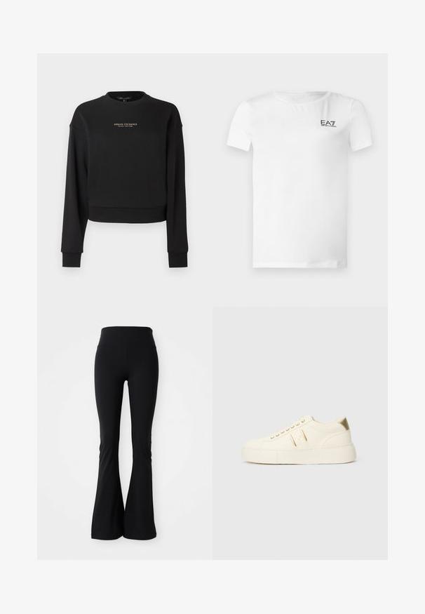 Sort cropped sweatshirt lavet af blødt stof med lange ærmer og rund halsudskæring. Gyldent "Armani Exchange"-logo foran.; Hvid kortærmet t-shirt lavet af blødt stof, med en sort broderet logo på øverste venstre side, rund halsudskæring og lige kant.; Sorte flared leggings lavet af strækbart materiale, med høj talje og glat tekstur. Ingen mønstre eller hardware synlige.; Cremefarvet lavtop sneaker med guld accenter, snørebånd og præget "Armani Exchange" branding på sålen og siden.