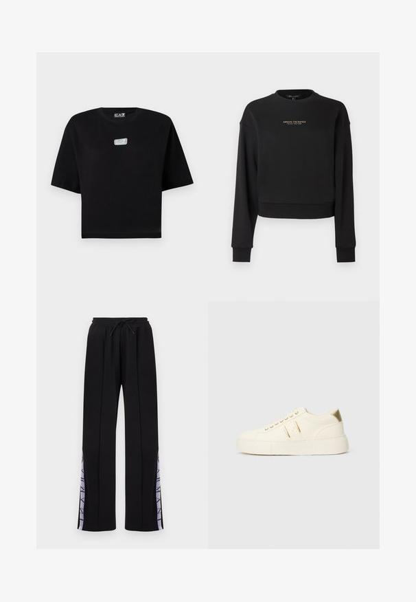 Sweat-shirt court noir en tissu doux, avec manches longues et col rond. Logo doré "Armani Exchange" sur le devant.; T-shirt noir court à manches courtes avec un petit logo EA7 Emporio Armani gris et blanc sur la poitrine et à l'intérieur de l'encolure.; Pantalon de survêtement noir à jambes droites avec taille élastique et cordon de serrage, présentant des panneaux latéraux lavande avec le texte "ARMANI".; Baskets basses de couleur crème avec des accents dorés, des lacets et un marquage « Armani Exchange » en relief sur la semelle et le patch latéral.