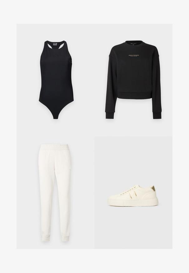Sweat-shirt court noir en tissu doux, avec manches longues et col rond. Logo doré "Armani Exchange" sur le devant.; Body noir une pièce sans manches avec dos nageur et logo EA7 Emporio Armani subtilement embossé sur la poitrine.; Pantalon de jogger crème en tissu doux, avec une taille et des poignets ajustés. Design simple sans motifs visibles ni ornements.; Baskets basses de couleur crème avec des accents dorés, des lacets et un marquage « Armani Exchange » en relief sur la semelle et le patch latéral.