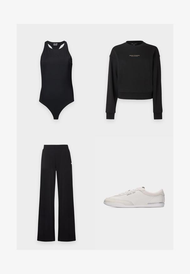Sweat-shirt court noir en tissu doux, avec manches longues et col rond. Logo doré "Armani Exchange" sur le devant.; Body noir une pièce sans manches avec dos nageur et logo EA7 Emporio Armani subtilement embossé sur la poitrine.; Pantalon noir à jambes larges avec une taille ajustée, réalisé dans un tissu lisse. Comprend des poches latérales discrètes et des accents matériels minimalistes.; Baskets basses blanc cassé et beige à lacets, avec des détails en cuir lisse et en daim, arborant un petit logo Michael Kors sur le côté.