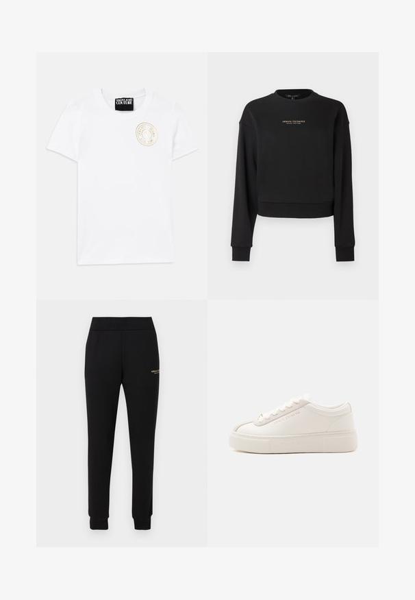 Čierna orezaná mikina vyrobená z mäkkej látky, s dlhými rukávmi a okrúhlym výstrihom. Na prednej strane zlaté logo "Armani Exchange".; Biela bavlnená tričko s krátkymi rukávmi a okrúhlym výstrihom. Zdobené zlatou vyšitou logom na hrudi. Jednoduchý a klasický dizajn.; Čierne zužujúce sa tepláky s elastickým pásom a manžetami, s malým zlatým logom „Armani Exchange“ na pravom stehne.; Biele nízke tenisky s hrubou podrážkou, šnurovaním vpredu a nenápadným logom Armani Exchange na boku a podrážke, zobrazené na jednoduchom pozadí.