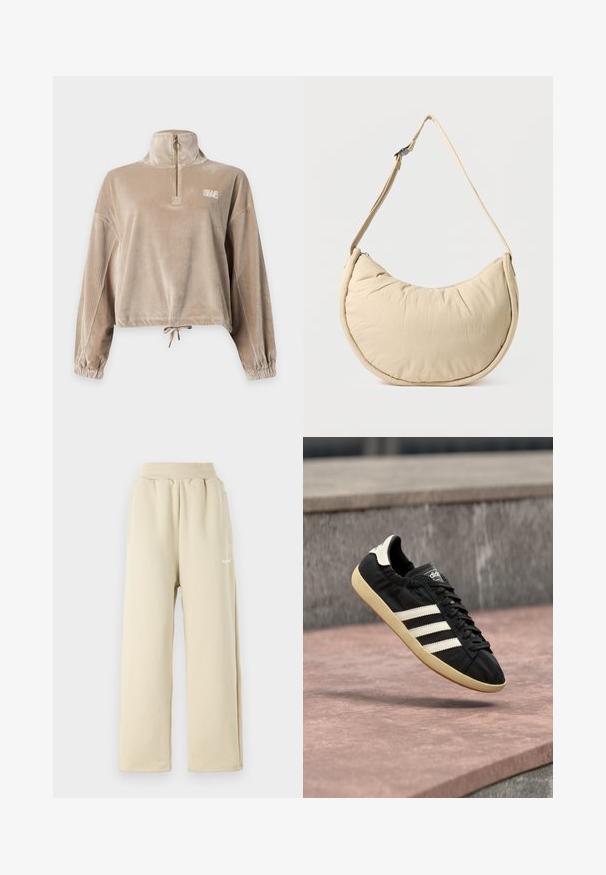 Beige corduroy trui met kwart ritssluiting, hoge kraag, elastische manchetten, elastische trekkoordzoom en klein logo op de borst.; Beige wijde sweatpants van zachte stof, met een elastische tailleband, zijzakken en een klein geborduurd logo-detail.; Zwarte Adidas sneaker met witte strepen en beige zool, vastgelegd in de lucht boven een stenen oppervlak en een stenen muur op de achtergrond.; Beige schoudertas in halve maanvorm met een zachte, gewatteerde textuur. Voorzien van een verstelbare riem en een ritssluiting langs de bovenkant.
