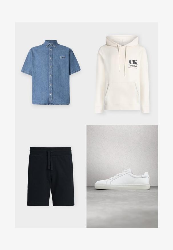 Kreemikas Calvin Klein dressipluus, esitasku, reguleeritava nööriga kapuuts ning rindkere peal must "CK Calvin Klein Established 1968" logo.; Lühikeste varrukatega helesinine denimipaita. Omab nööpidega kaelust ja ees nööpe. Vasakul rinnal on graafiline logo.; Mustad tekstuuriga kootud lühikesed püksid, millel on elastne vöökoht ja nöör, küljetaskute ja valgel taustal laiali laotatult.; Valge tennisetoss, millel on sile nahk pealis ja madal profiil. Omab ümarat ninaosa, kuut silmust ja tekstuuriga kummist talda.