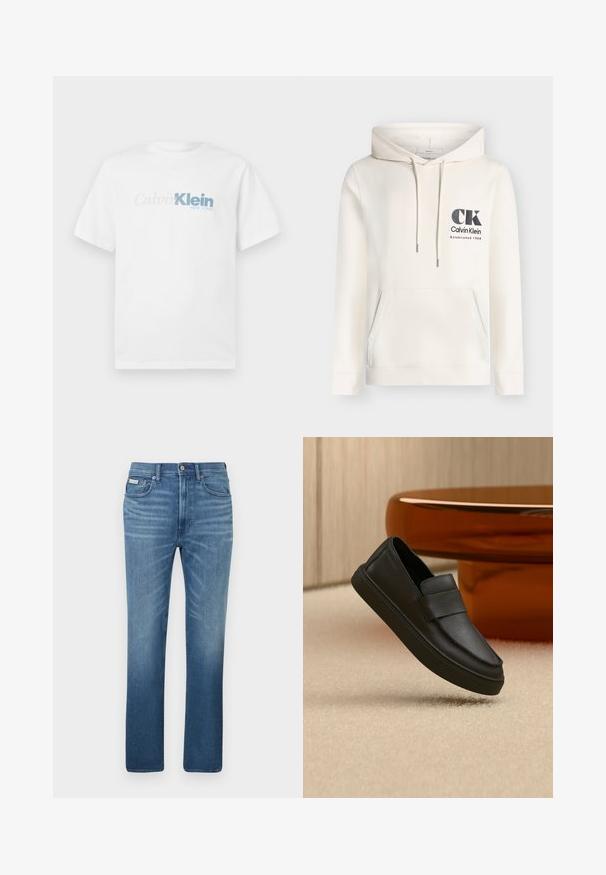 Εκρού hoodie Calvin Klein με μπροστινή τσέπη, ρυθμιζόμενο κορδόνι κουκούλας και μαύρο λογότυπο "CK Calvin Klein Established 1968" στο στήθος.; Λευκό κοντομάνικο T-shirt με το λογότυπο "Calvin Klein New York" σε ανοιχτό γκρι και μπλε κέντρο μπροστά.; Ανοιχτό μπλε τζιν με ίσια γραμμή, πέντε τσέπες και ξεθωριασμένο φινίρισμα, με επώνυμη ετικέτα στη μέση.; Μαύρο δερμάτινο παπούτσι τύπου loafer με λουράκι πάνω από το επάνω μέρος, τοποθετημένο πάνω σε μπεζ χαλί και καφέ στρογγυλό τραπέζι.