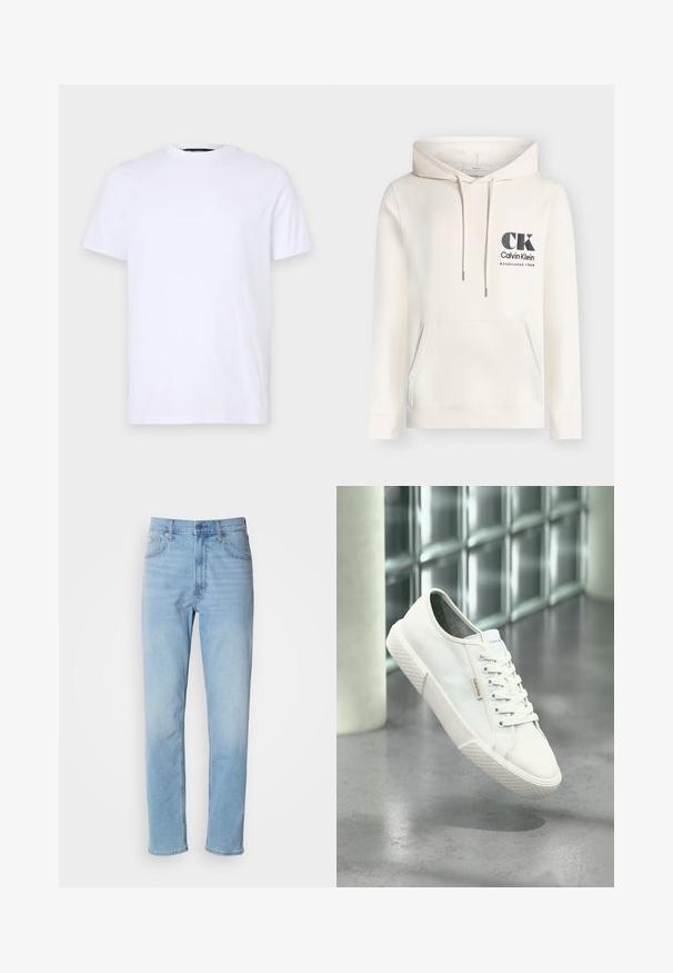 Off-white Calvin Klein hoodie med forlomme, justerbar snøre i hætten og sort "CK Calvin Klein Established 1968" logo på brystet.; Hvid bomulds T-shirt med korte ærmer, rund halsudskæring, med et diskret præget logo på venstre bryst, glat tekstur.; Lys blå denim jeans med lige pasform, fem lommer og bæltestropper. Stoffet har en glat overflade med en let falmningseffekt.; Hvid Calvin Klein lavt sneakers med snørebånd, gummisål og logo-tag, svævende over gråt poleret gulv nær glasblokvæg.