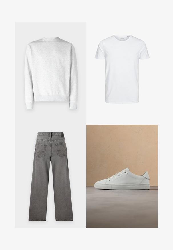 Lichtgrijze crewneck sweatshirt van zacht fleece materiaal, met ribgebreide boorden en onderkant, en een gladde textuurafwerking.; Ronde hals kortemouwen t-shirt in effen wit, gemaakt van zachte katoen, heeft een eenvoudig ontwerp zonder zichtbare patronen of accenten.; Grijze wijdvallende spijkerbroek met twee achterzakken en een tailleband met ceintuurlussen, plat van achteren weergegeven.; Witte leren lage sneaker met veters, zwevend boven een beige vloerkleed met textuur, vlakbij een ronde houten salontafel met boeken.