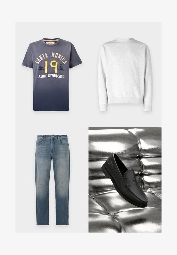 Helles graues Sweatshirt mit Rundhalsausschnitt aus weichem Fleece-Material, mit gerippten Bündchen und Saum, und einer glatten Textur.; Dunkelblaues Baumwoll-T-Shirt mit Verlaufseffekt, bedruckt mit "SANTA MONICA" und "19" in gelber und cremefarbener Stickerei, Rundhalsausschnitt, kurze Ärmel.; Helle blaue Jeans aus Denim mit geradem Schnitt, Fünf-Taschen-Design, Metallknopfverschluss und dezenten Abnutzungsspuren auf der Vorderseite.; Schwarze Lederloafers mit glatter Oberfläche, mit Ziernähte und klassischem Design, präsentiert vor einem metallischen, glänzenden Hintergrund.