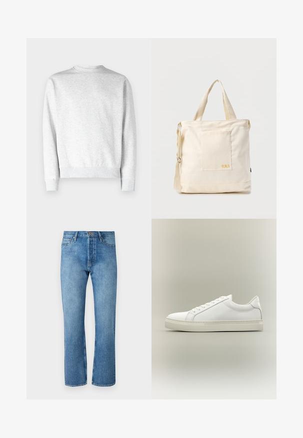 Lys grå crewneck sweatshirt lavet af blødt fleece-materiale, med ribbestrikkede manchetter og kant, samt en glat, tekstureret overflade.; Lyseblå denim jeans med lige ben, der har et klassisk fem-lomme design, knaplukning og kontrastsying.; Hvid lavtop sneaker med snørebånd foran og tyk sål, vist fra siden mod en neutral baggrund.; Kremfarvet lærredstote-taske med frontlomme, to håndtag, justerbar skulderrem og lille gul "O.N.S" tekst i nederste højre hjørne af lommen.