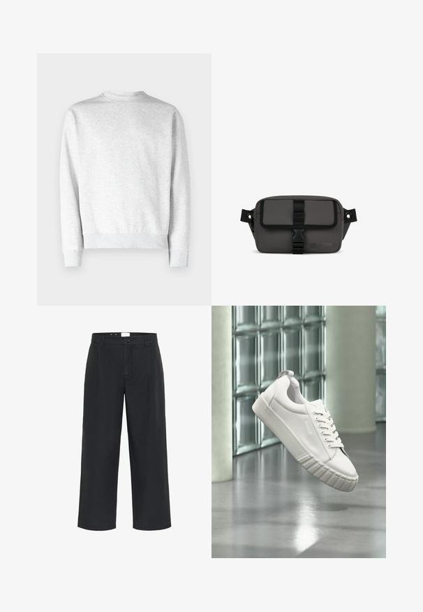 Heled hall crewneck sviiter, mis on valmistatud pehmest fliismaterjalist. Sviitril on soonikkoes varrukate ja hem, samuti sujuv tekstuur.; Matinique MACHINO PLEAT 73 - Püksid - black; Valge madala säärega toss tekstuurse tallaga ja nööridega, riputatud klaasplokkseina ja heledate sammasteta läikival põrandal.; Hallikas ristkülikukujuline kott, mis on valmistatud tekstuurmaterjalist, esiküljel on musta lukuga klapp ja rihm, külg-äkkrihm ning logodetail.