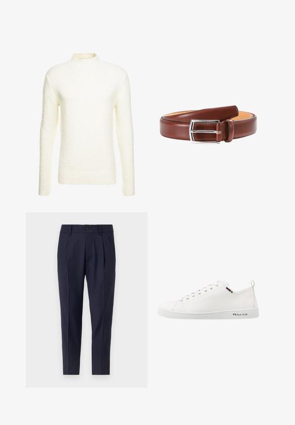 Pull blanc texturé avec un col montant et des manches longues. Ourlet et poignets côtelés. Matière douce avec un aspect duveteux, destiné à apporter de la chaleur.; Pantalons bleu marine ajustés, dotés de plis, d'une fermeture à bouton et de poches latérales. Fabriqués dans un tissu lisse avec un léger éclat.; Sneaker en cuir blanc avec une texture lisse, bout rond et détail de bande de couleur contrastante près des lacets. Dispose d'une semelle en caoutchouc et d'un logo sur le côté.; Ceinture en cuir marron avec une texture lisse, dotée d'une boucle en métal argenté et d'un design classique. L'intérieur est beige. Simple et fonctionnelle.