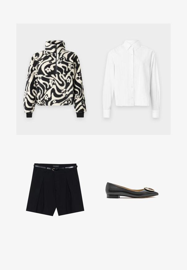 Pull-over en polaire noir et blanc avec un col haut, décoré d'un motif floral tourbillonnant et de manches à bords côtelés. Fermeture éclair à l'avant.; Chemise blanche à boutons, fabriquée en tissu léger. Présente des manches longues, un col classique et des rayures verticales discrètes. Design court.; Shorts noirs ajustés avec des plis, dotés d'une ceinture noire slim avec une boucle en or. Fabriqués dans un tissu lisse, offrant un look soigné.; Ballerine en cuir noir avec un bout pointu et un accent métallique sur le devant. Elle présente un petit talon carré et une texture lisse.