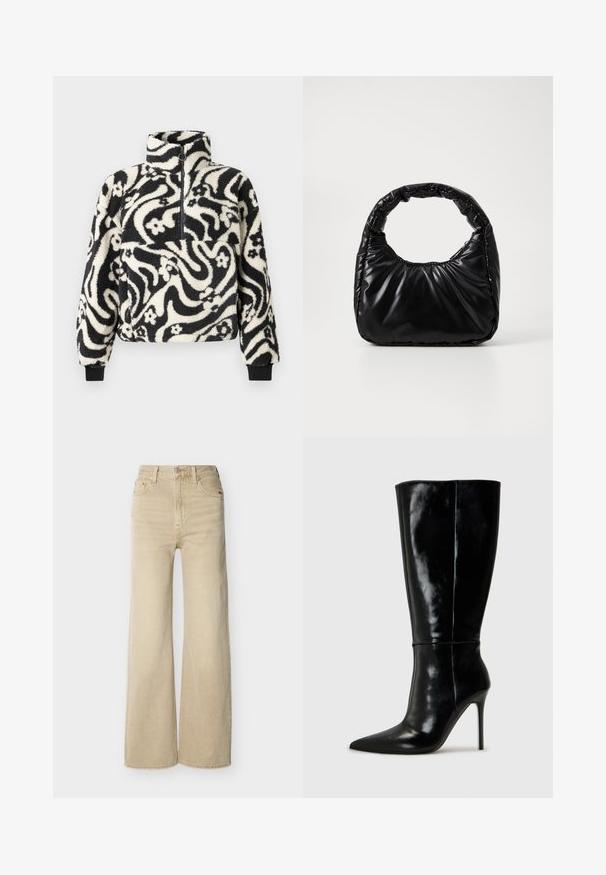 Pull-over en polaire noir et blanc avec un col haut, décoré d'un motif floral tourbillonnant et de manches à bords côtelés. Fermeture éclair à l'avant.; Jean beige taille haute, jambe large, avec bouton et fermeture éclair à l'avant, poches avant et arrière, et passants pour ceinture sur fond blanc.; Bottes noires en cuir, hautes jusqu'au genou, avec un bout pointu et un talon aiguille haut. Texture lisse et design épuré, avec un minimum de détails.; Sac à main noir rembourré avec une poignée arrondie, présentant une surface lisse et brillante ainsi qu'une texture douce et matelassée. Pas de quincaillerie ou d'accents visibles.