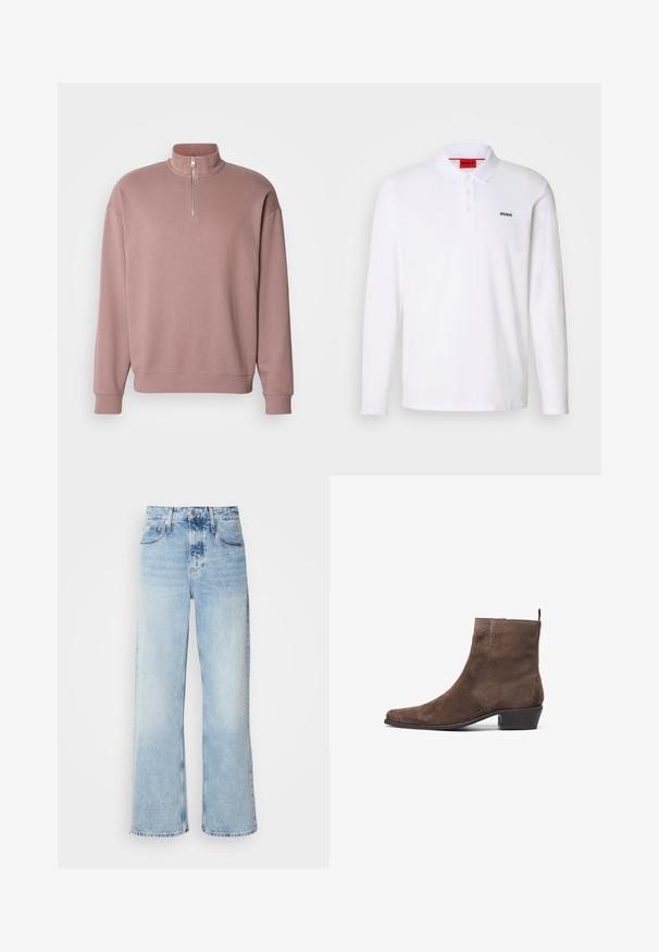 Roze pullover sweatshirt met een hoge kraag, half-ritssluiting en geribde cuffs. Bevat subtiele logo-details op de voorkant. Zacht materiaal.; Witte lange mouwen polo-shirt gemaakt van katoen, met een kraag, een drie-knops sluiting en een zwart "HUGO" logo op de linkerborst.; Lichtblauwe wijde jeans met een hoge taille, met een vervaagde afwerking, riemlussen en een klassieke vijf-pocketdesign. De zoom is ruig.; Bruine suède enkelboot met een spitse neus, een lage blokhak en een lus aan de achterkant voor gemakkelijk aan- en uittrekken. Gladde textuur en eenvoudig ontwerp.